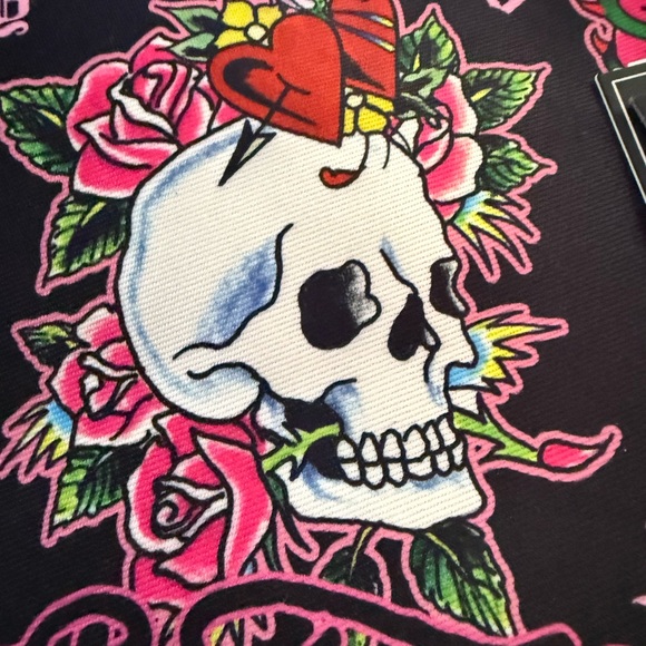 ED HARDY ICONIC TATTOOS TOTE W CHARM CHAIN Skulls Hearts Roses Vegan - Picture 2 of 16